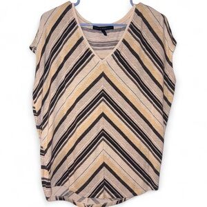 White House Black Market Striped V-Neck Top in Beige, Black and Yellow